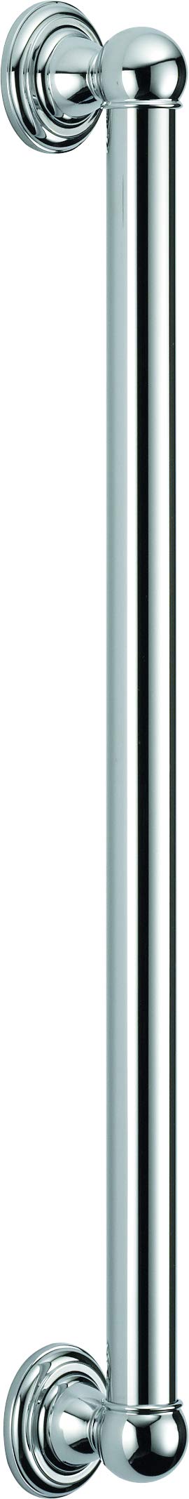 Polished chrome vertical grab bar with spherical ends and circular wall flanges for bathroom safety.