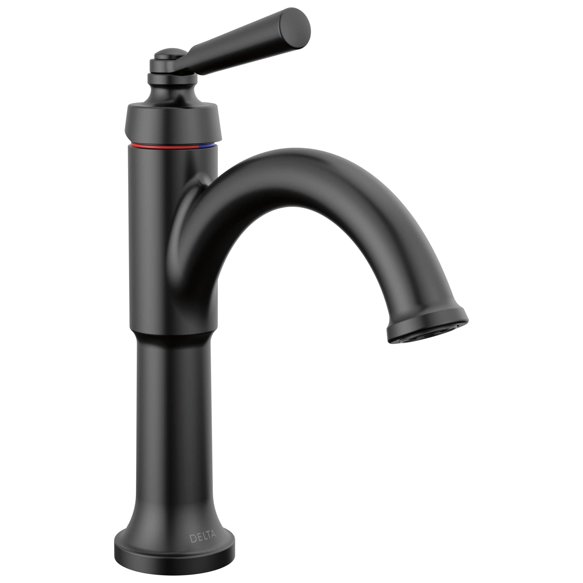 Matte black single-handle bathroom faucet with curved spout and lever handle on cylindrical base.