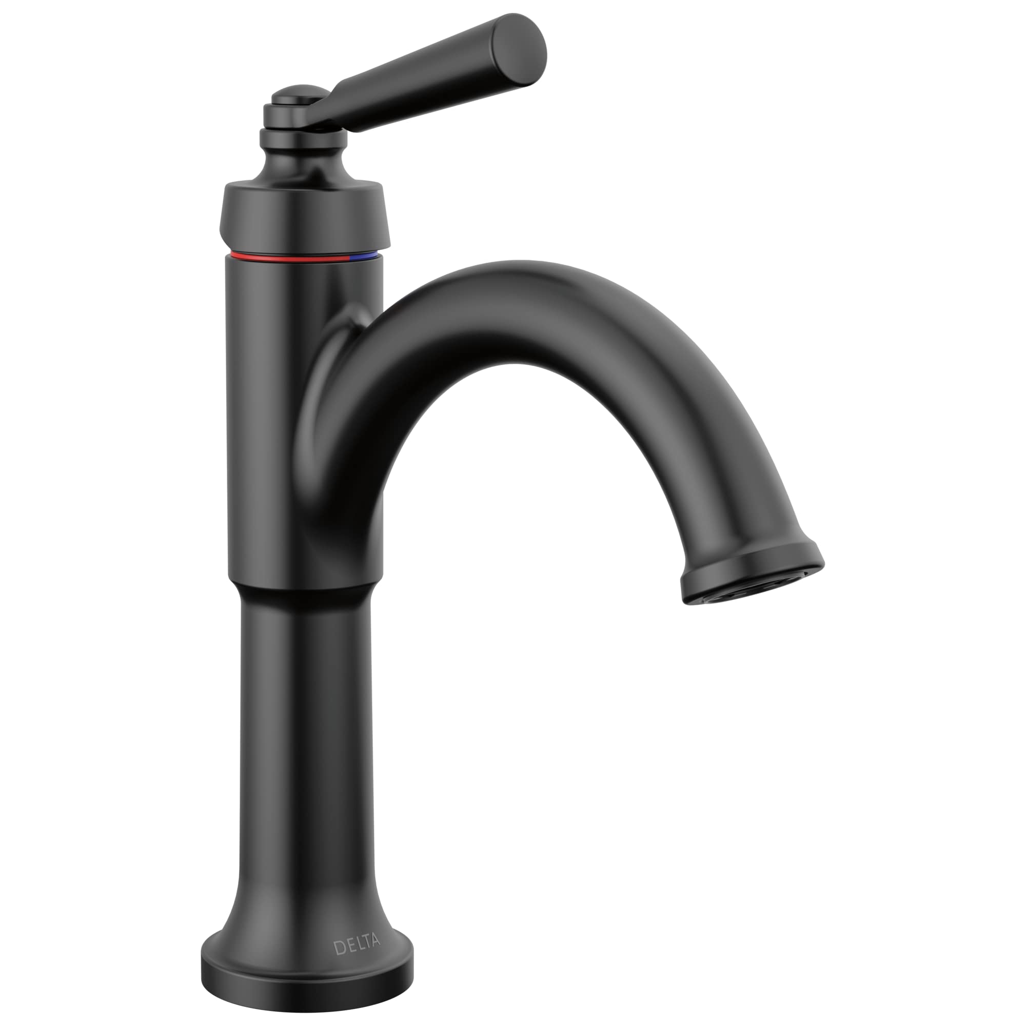 Matte black single-handle bathroom faucet with curved spout and lever handle on cylindrical base.