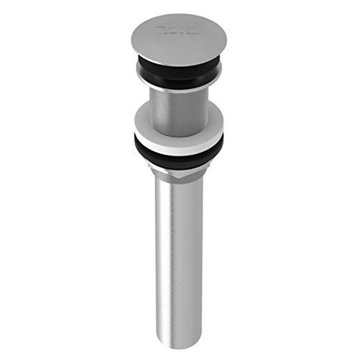 Satin nickel push drain assembly with round cap, cylindrical body, and black rubber seals shown in exploded view.