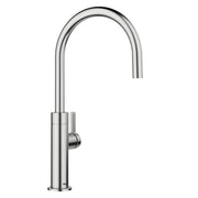 Stainless steel single-handle beverage faucet with curved spout and side lever control.