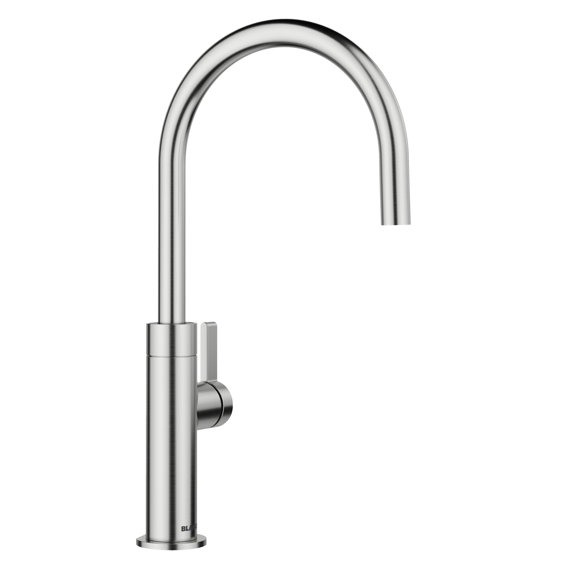 Stainless steel single-handle beverage faucet with curved spout and side lever control.