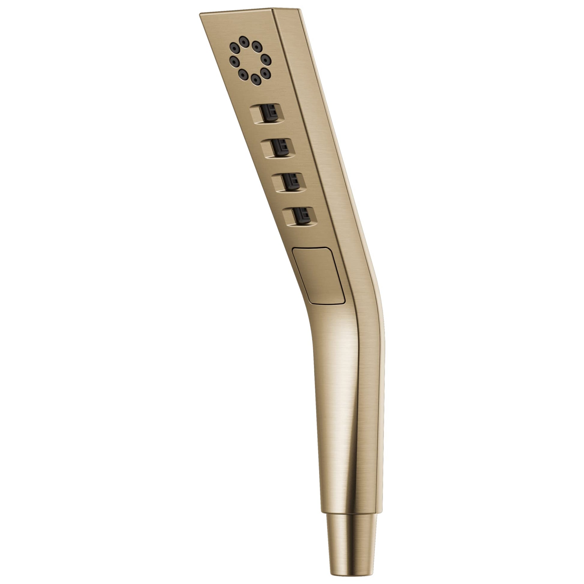 Square champagne bronze hand shower with circular spray face and four rectangular button controls along the handle.