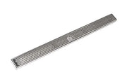 Satin stainless steel linear drain with perforated surface and sloped design, 36 inches long.
