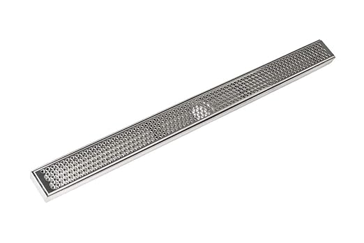 Satin stainless steel linear drain with perforated surface and sloped design, 36 inches long.
