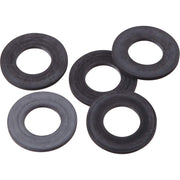 Five black rubber gaskets with center holes arranged on white background.