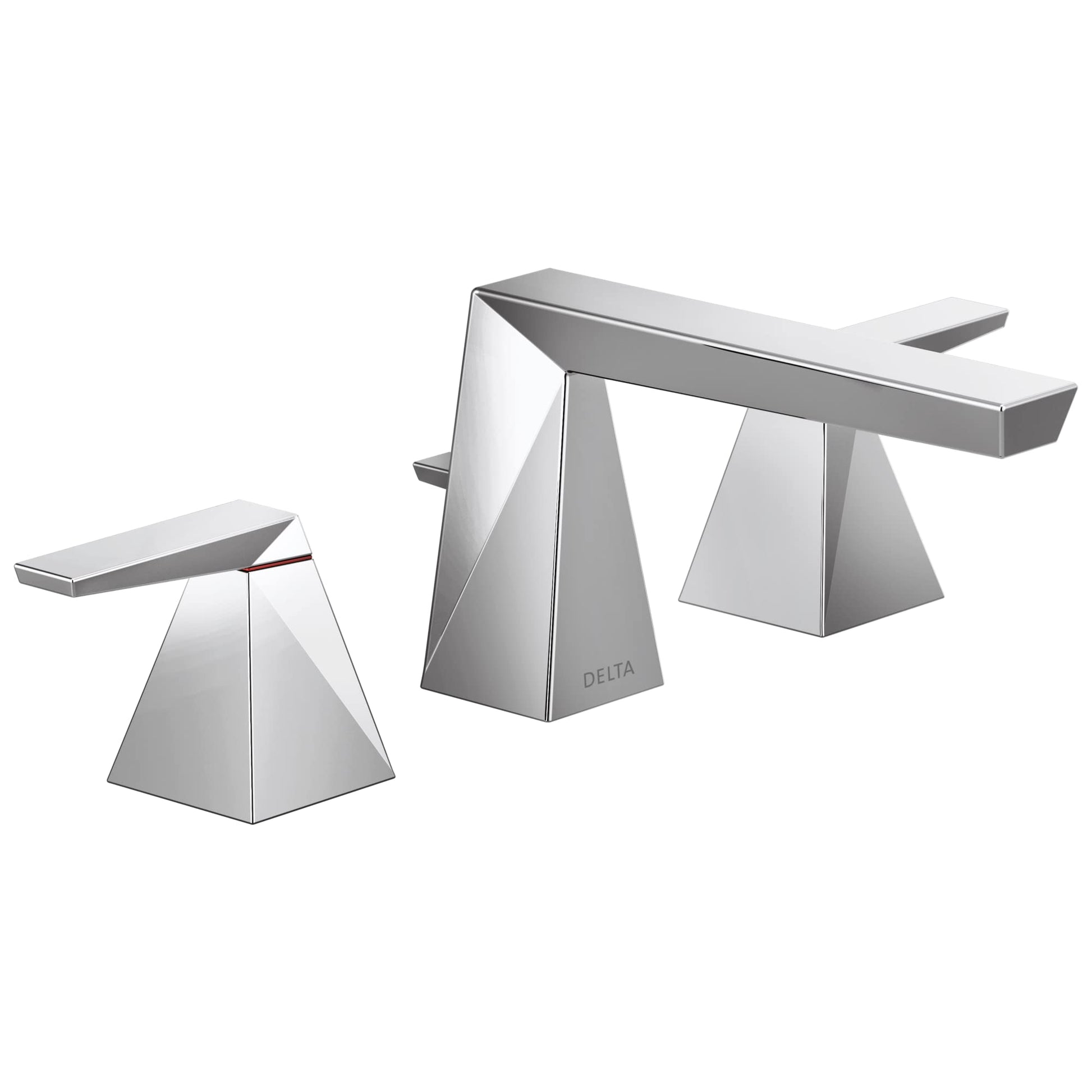 Chrome two-handle widespread bathroom faucet with geometric pyramid-shaped bases and rectangular spout.