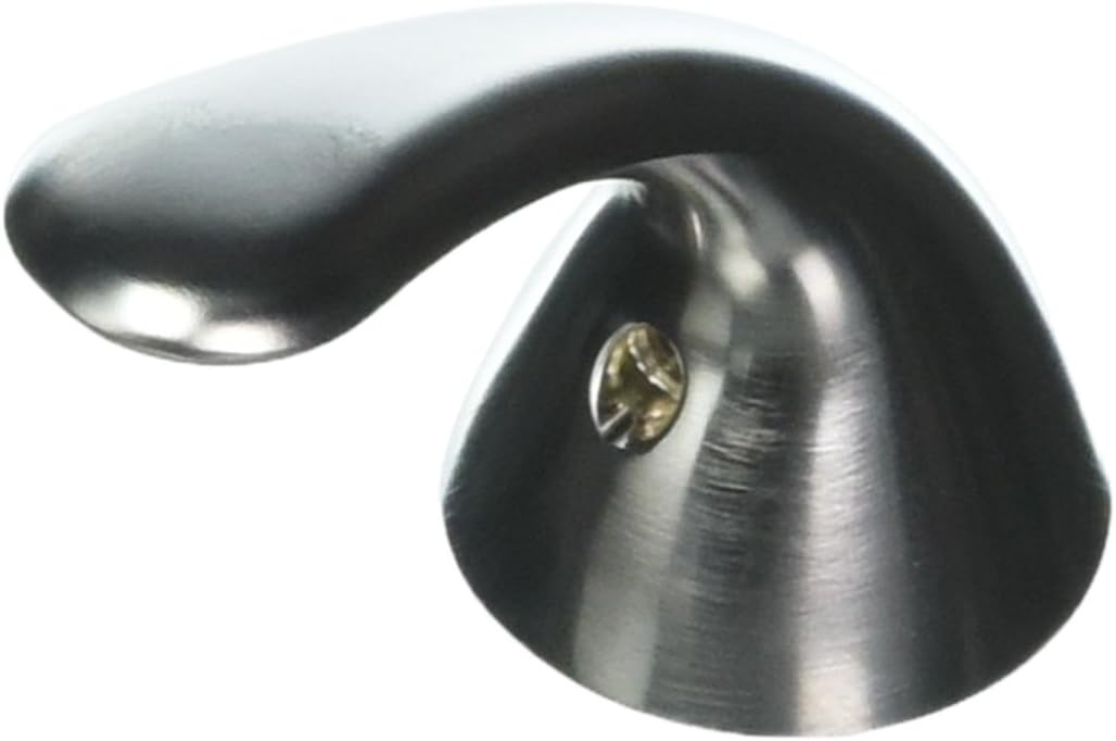 Curved metal lever handle in brushed stainless steel finish with mounting screw visible on conical base.
