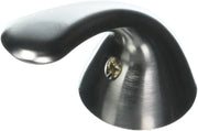 Curved metal lever handle in brushed stainless steel finish with mounting screw visible on conical base.