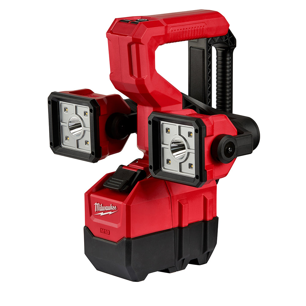 Red and black Milwaukee M18 utility bucket light with dual LED work lights and carrying handle.