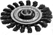 4-inch carbon steel twist knot wheel with black twisted wire bristles arranged radially around metal hub and center arbor hol