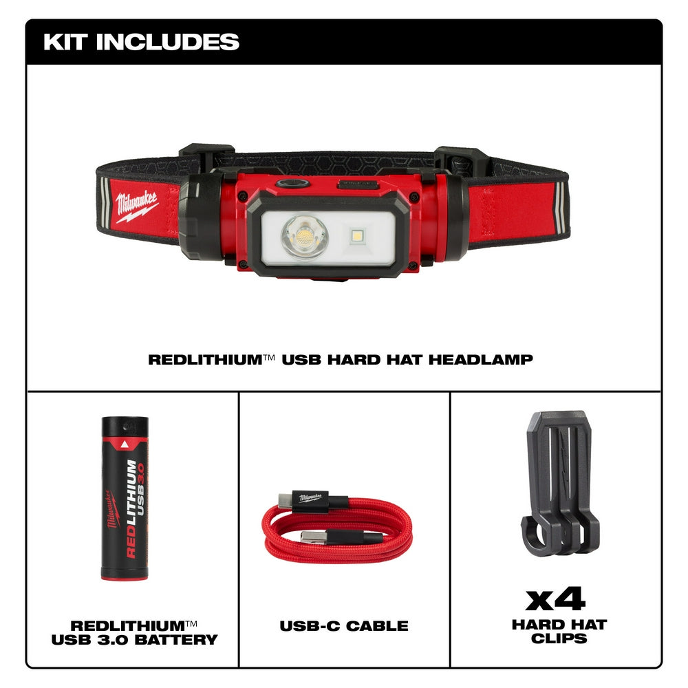 Red and black USB hard hat headlamp with dual LED lights, REDLITHIUM battery, red USB-C cable, and four hard hat clips.