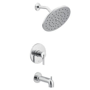 Chrome tub and shower trim kit with single handle valve, round showerhead, and tub spout.