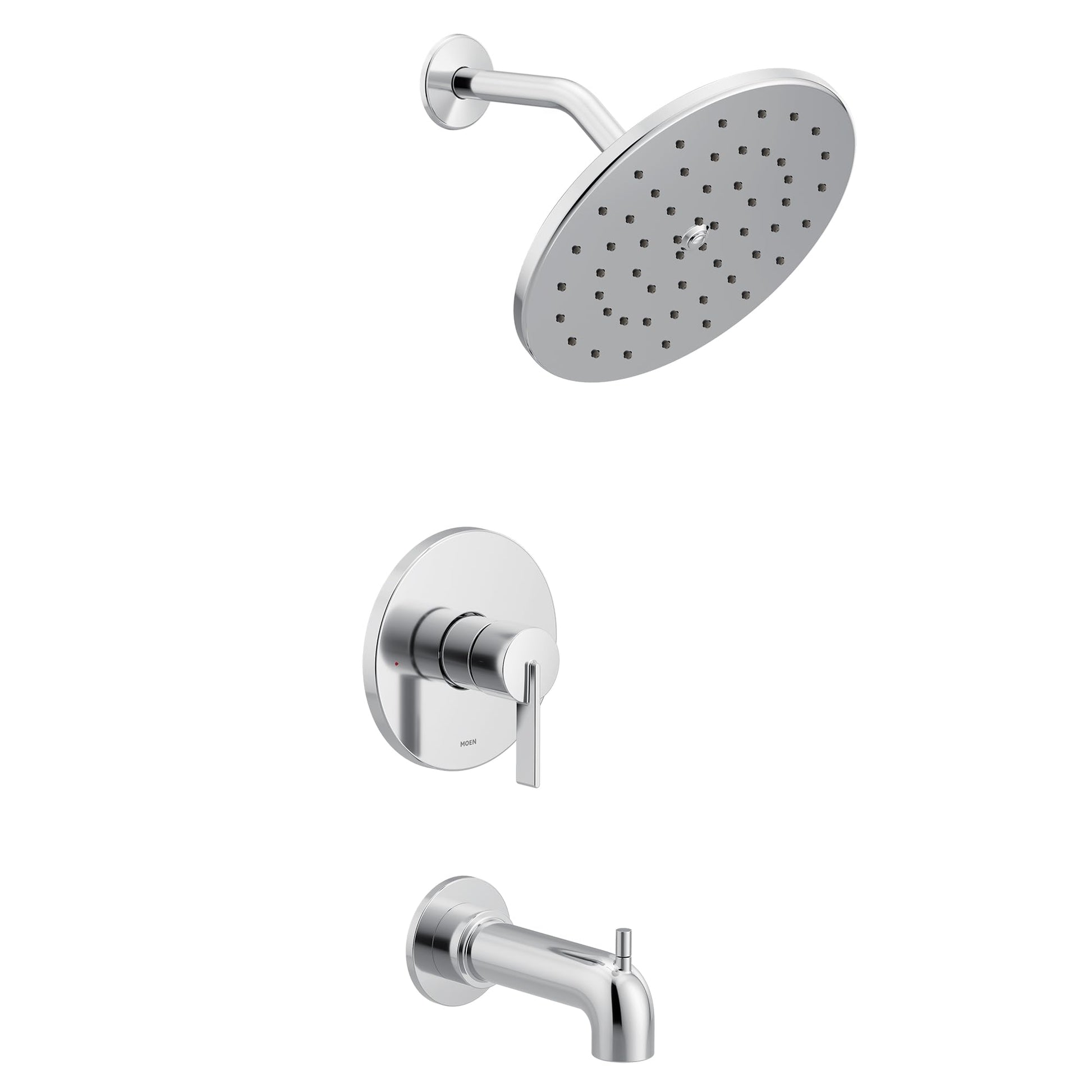 Chrome tub and shower trim kit with single handle valve, round showerhead, and tub spout.