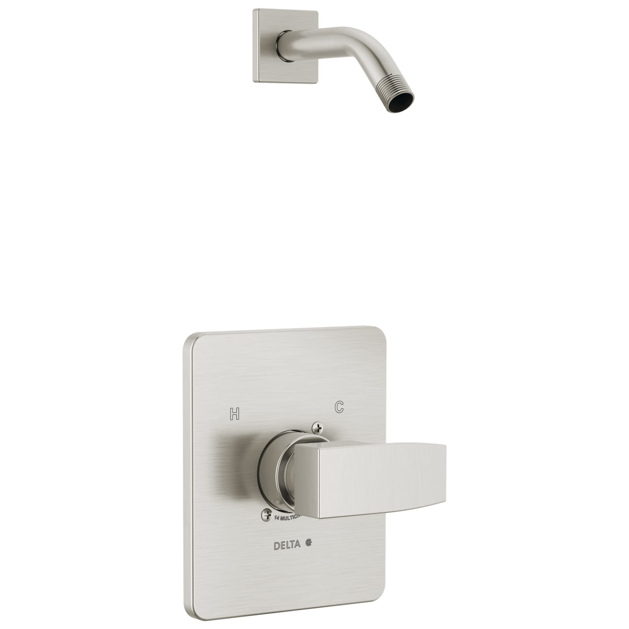 Brushed nickel square shower trim with single lever handle, temperature control markings, and curved wall-mounted arm.