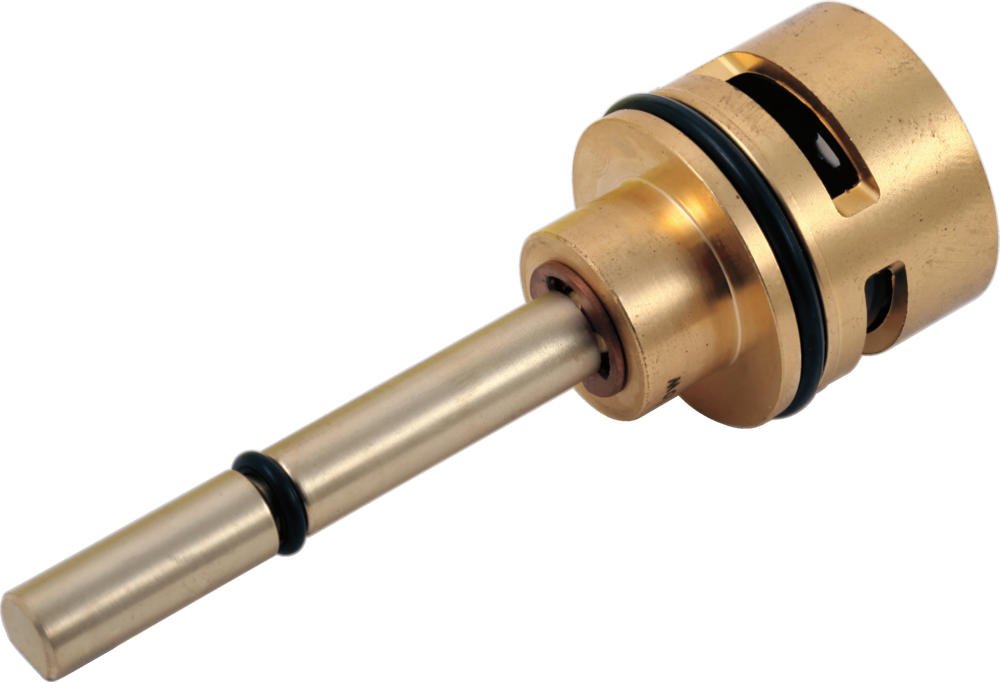 Brass cartridge assembly with metal stem and black rubber seals for shower diverter valve.