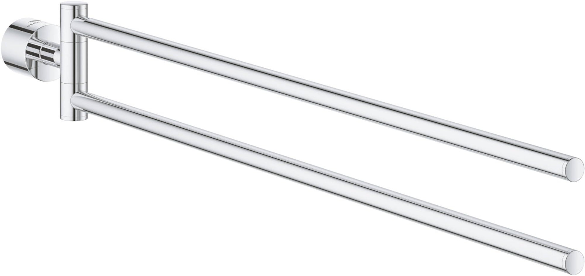 Chrome double towel rail with two horizontal bars and wall-mounted bracket on left side.
