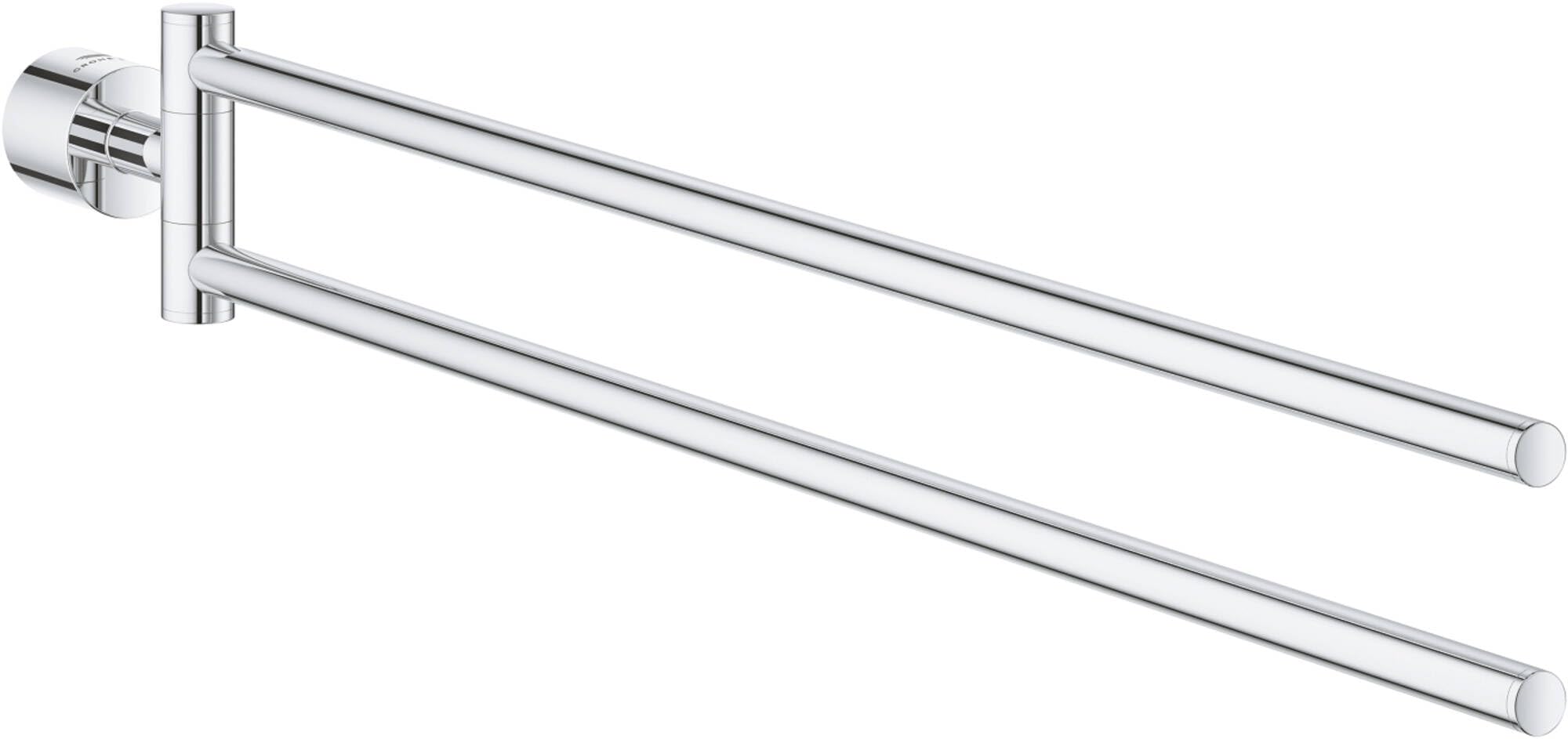 Chrome double towel rail with two horizontal bars and wall-mounted bracket on left side.