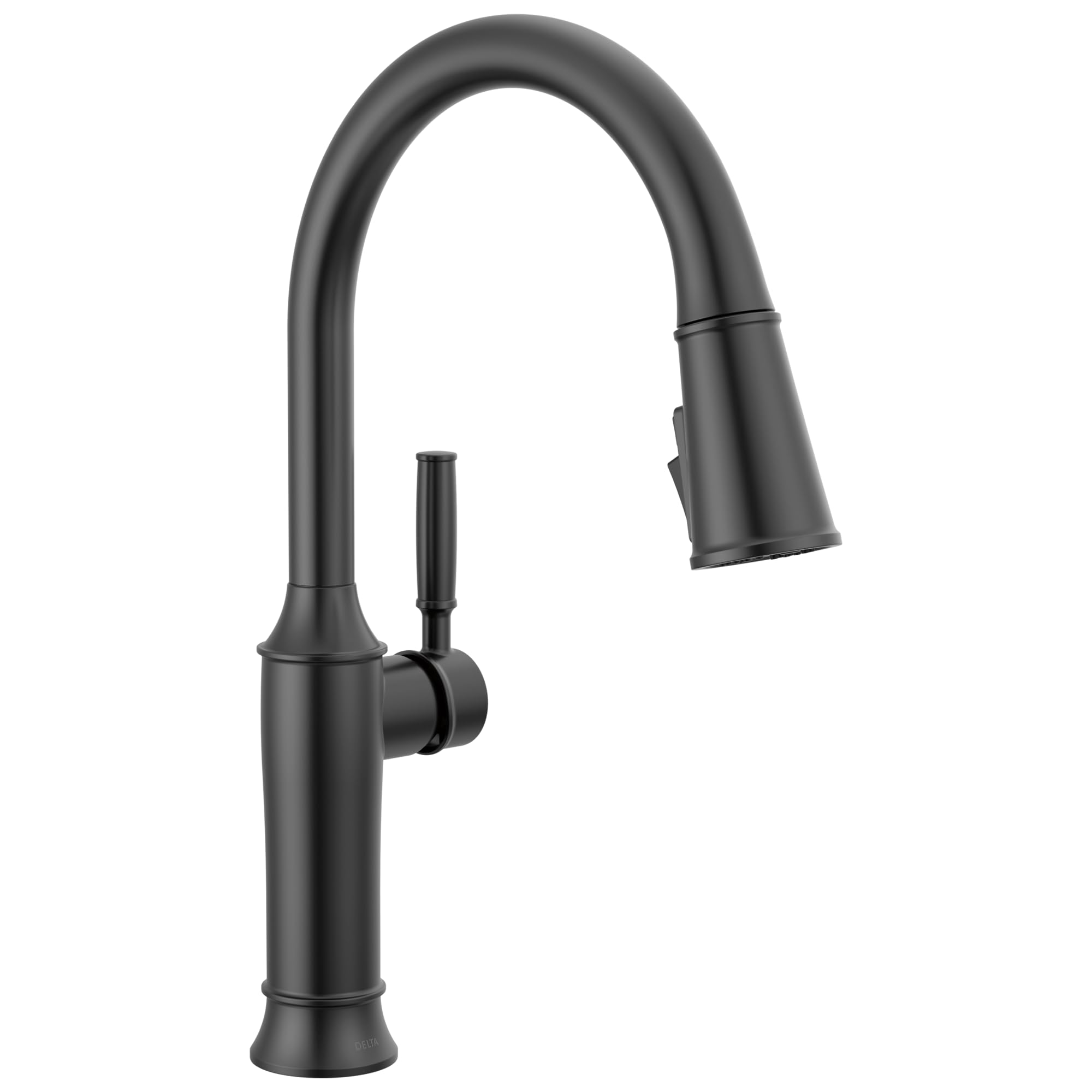 Matte black single-handle kitchen faucet with curved pull-down spout and side lever control.