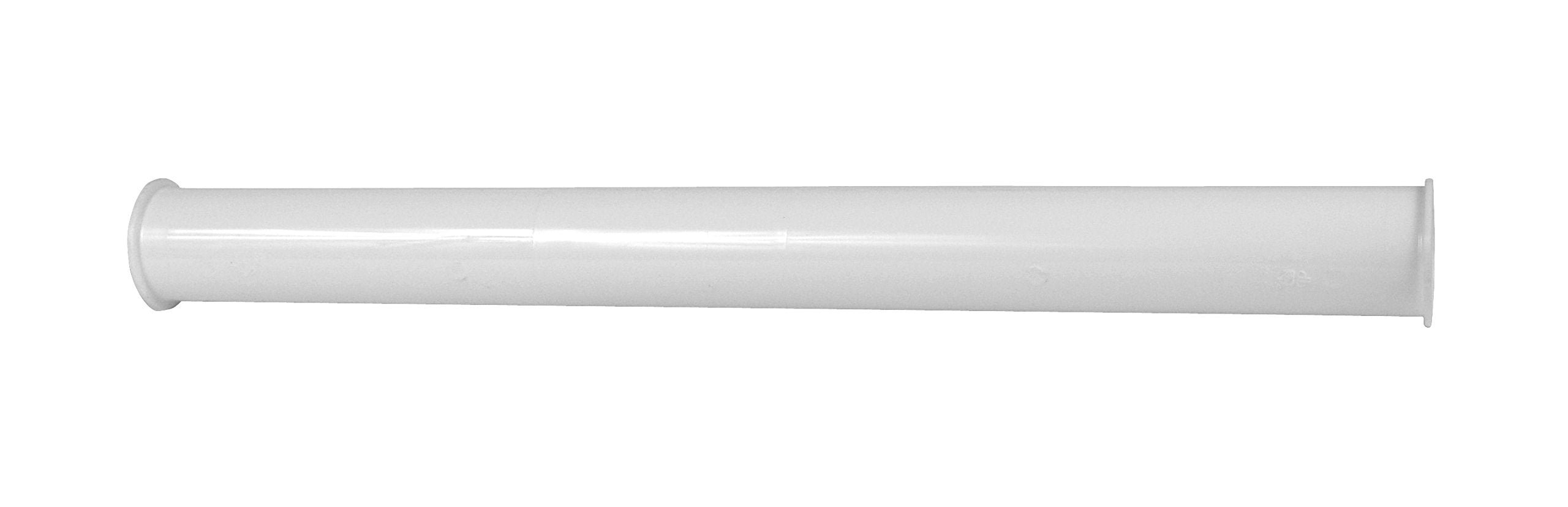 White plastic tubular strainer tailpiece with flanged ends, 1-1/2 inches diameter and 16 inches long.