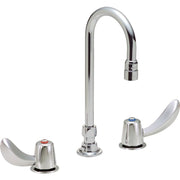 Chrome commercial faucet with tall arched spout and two lever handles with colored indicator buttons.
