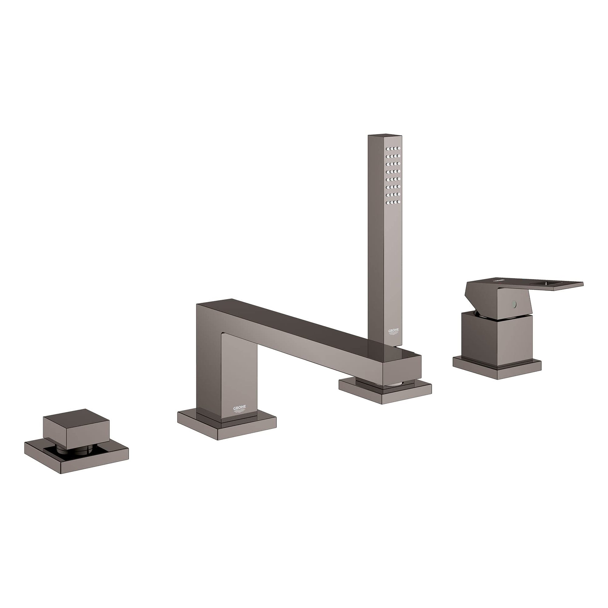 Grohe Eurocube hard graphite four-piece deck mount roman tub faucet with single handle, hand shower, and spout.