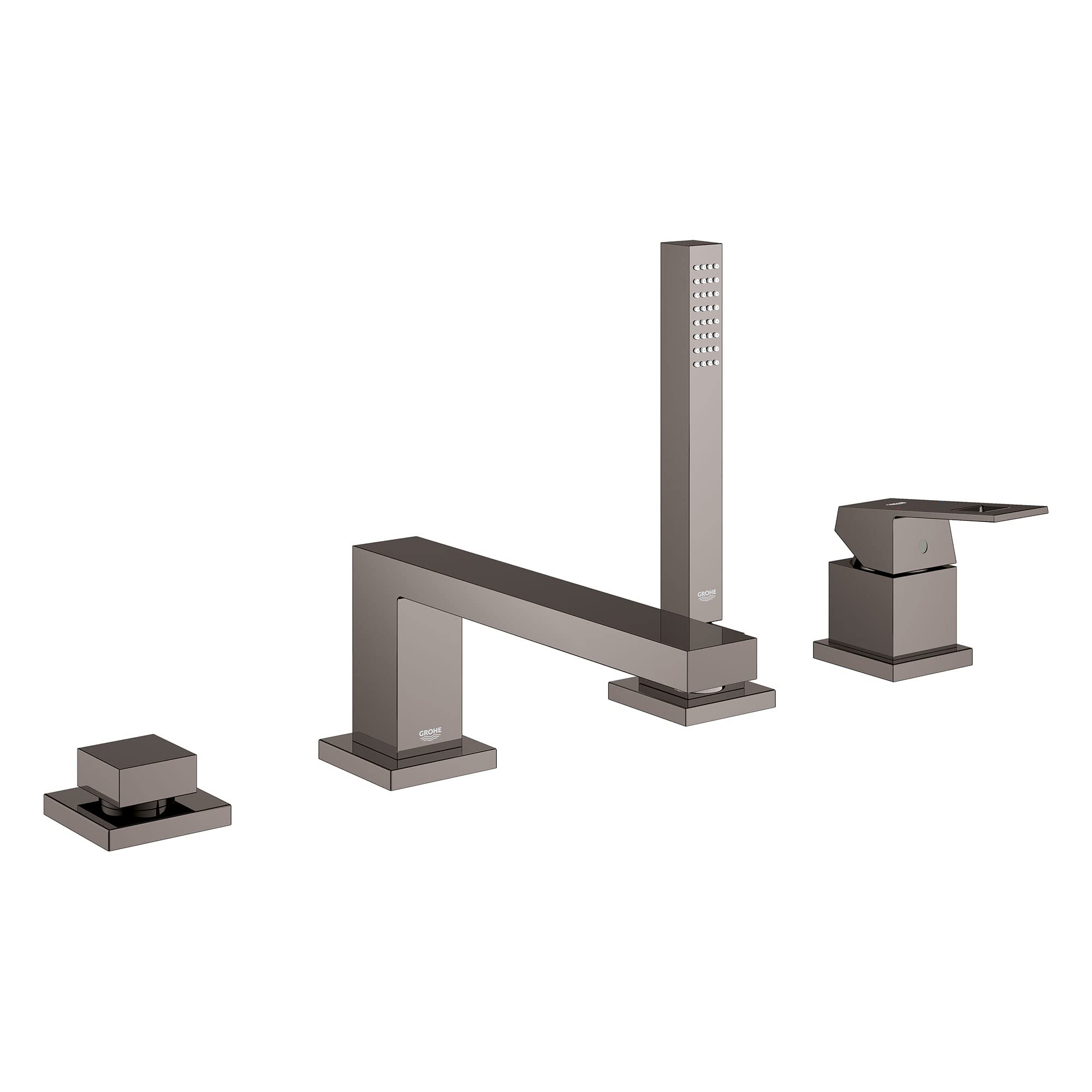 Grohe Eurocube hard graphite four-piece deck mount roman tub faucet with single handle, hand shower, and spout.