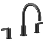Matte black two-handle high arc deck mount roman tub faucet with lever handles and cylindrical spout.