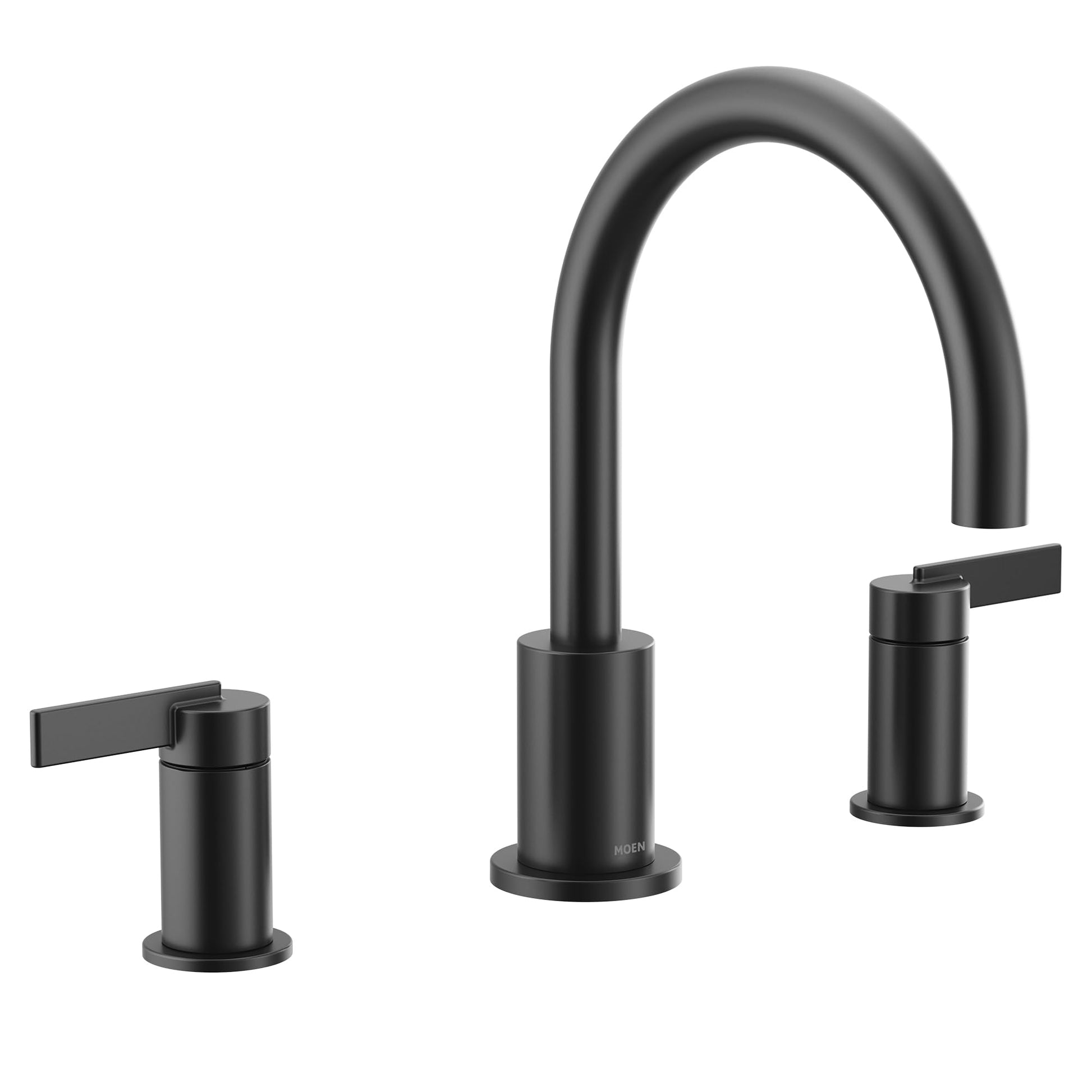 Matte black two-handle high arc deck mount roman tub faucet with lever handles and cylindrical spout.
