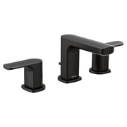 Matte black two-handle widespread bathroom faucet with lever handles and rectangular spout.