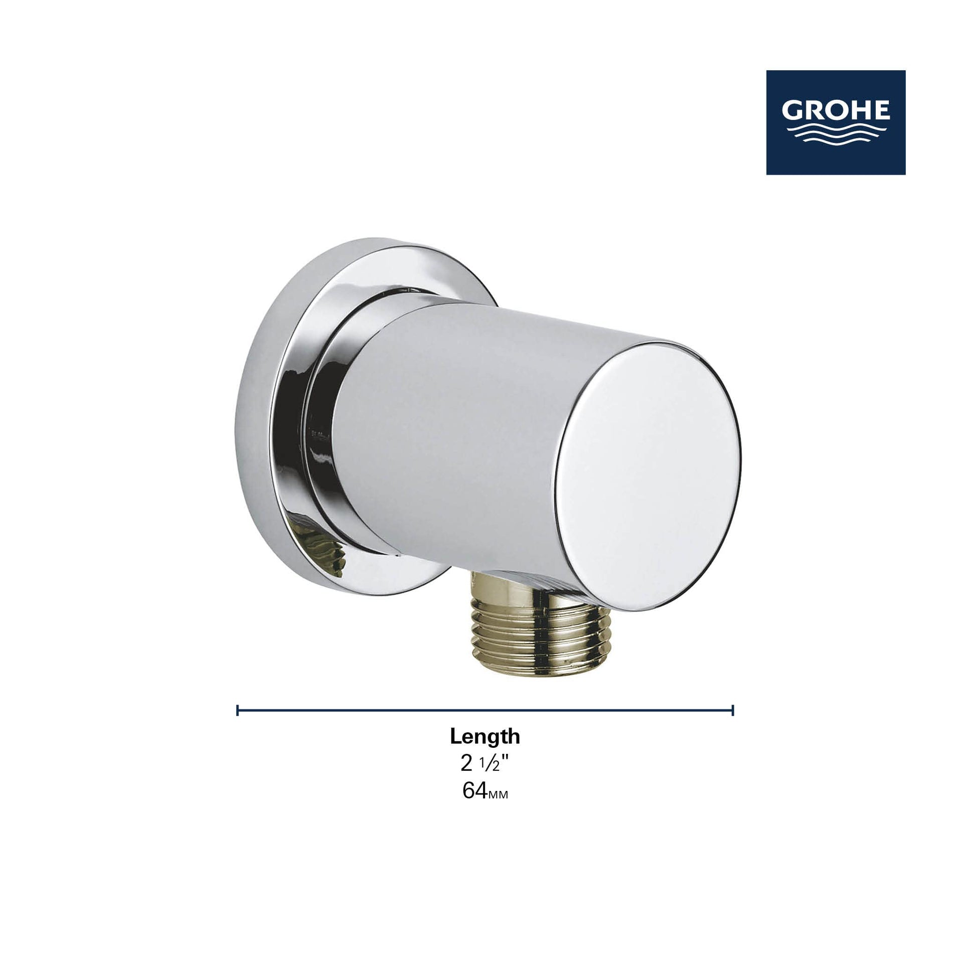 Grohe Rainshower wall union with cylindrical outlet and male threaded connection in matte black and chrome finish.