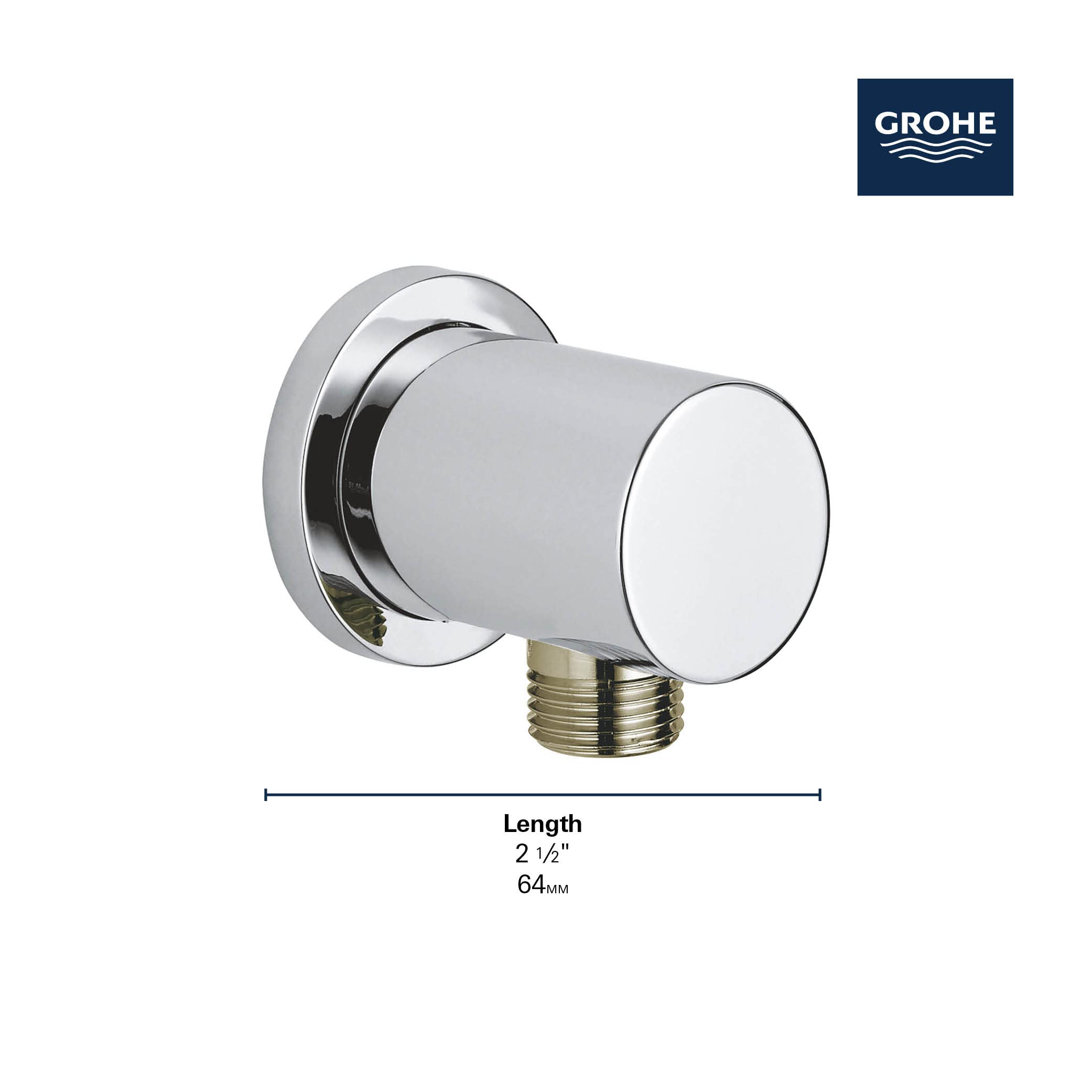 Grohe Rainshower wall union with cylindrical outlet and male threaded connection in matte black and chrome finish.