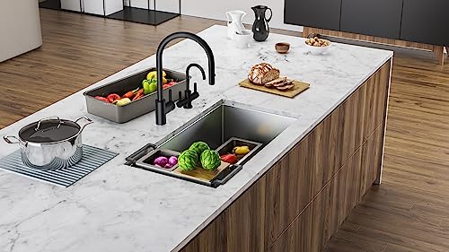 Black single-handle pull-down kitchen faucet with curved spout mounted on white marble countertop.