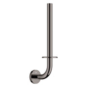 Hard graphite curved toilet paper holder with vertical post and horizontal bar, mounted on circular wall plate.