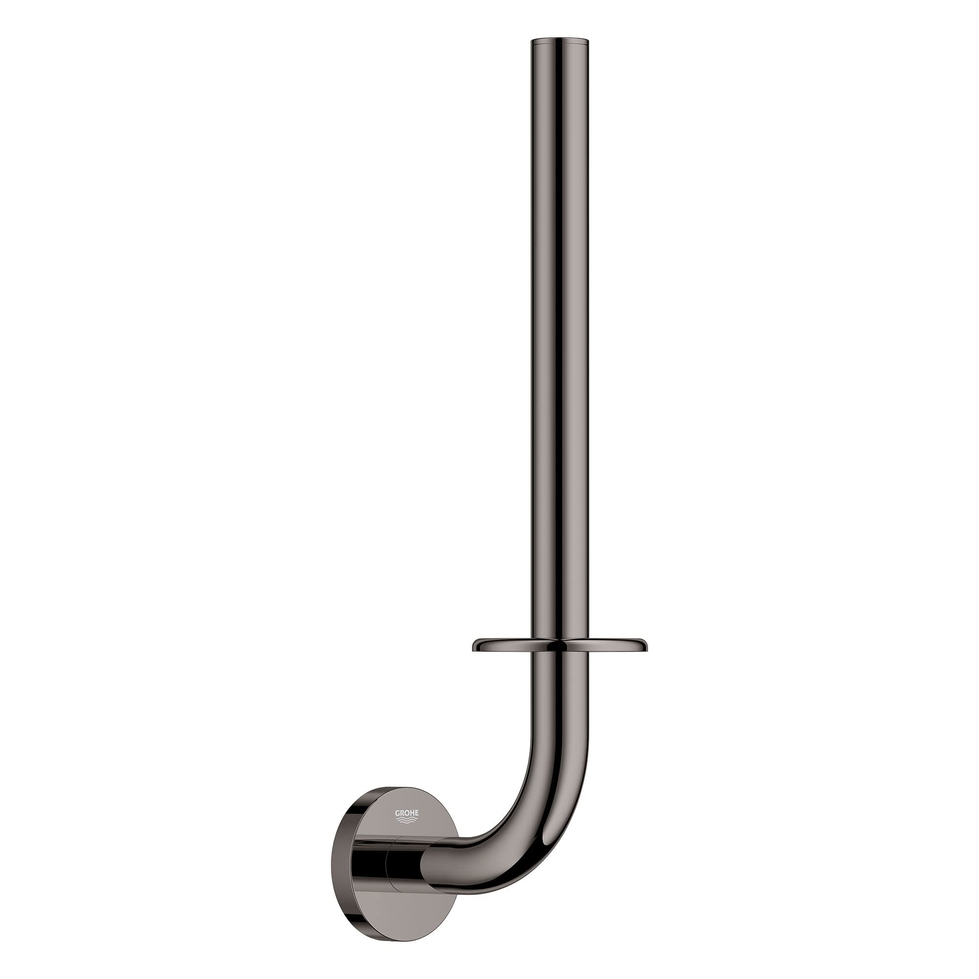 Hard graphite curved toilet paper holder with vertical post and horizontal bar, mounted on circular wall plate.