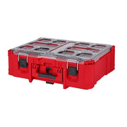 Red plastic tool organizer with transparent compartmented lid, metal latches, and carrying handle.