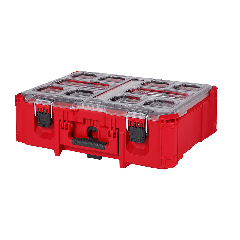 Red plastic tool organizer with transparent compartmented lid, metal latches, and carrying handle.
