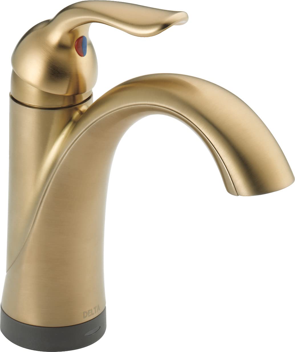Champagne bronze single-handle bathroom faucet with curved spout and sensor button on the handle.