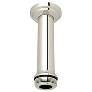 Polished nickel ceiling mount shower arm with cylindrical body and threaded connector at bottom.