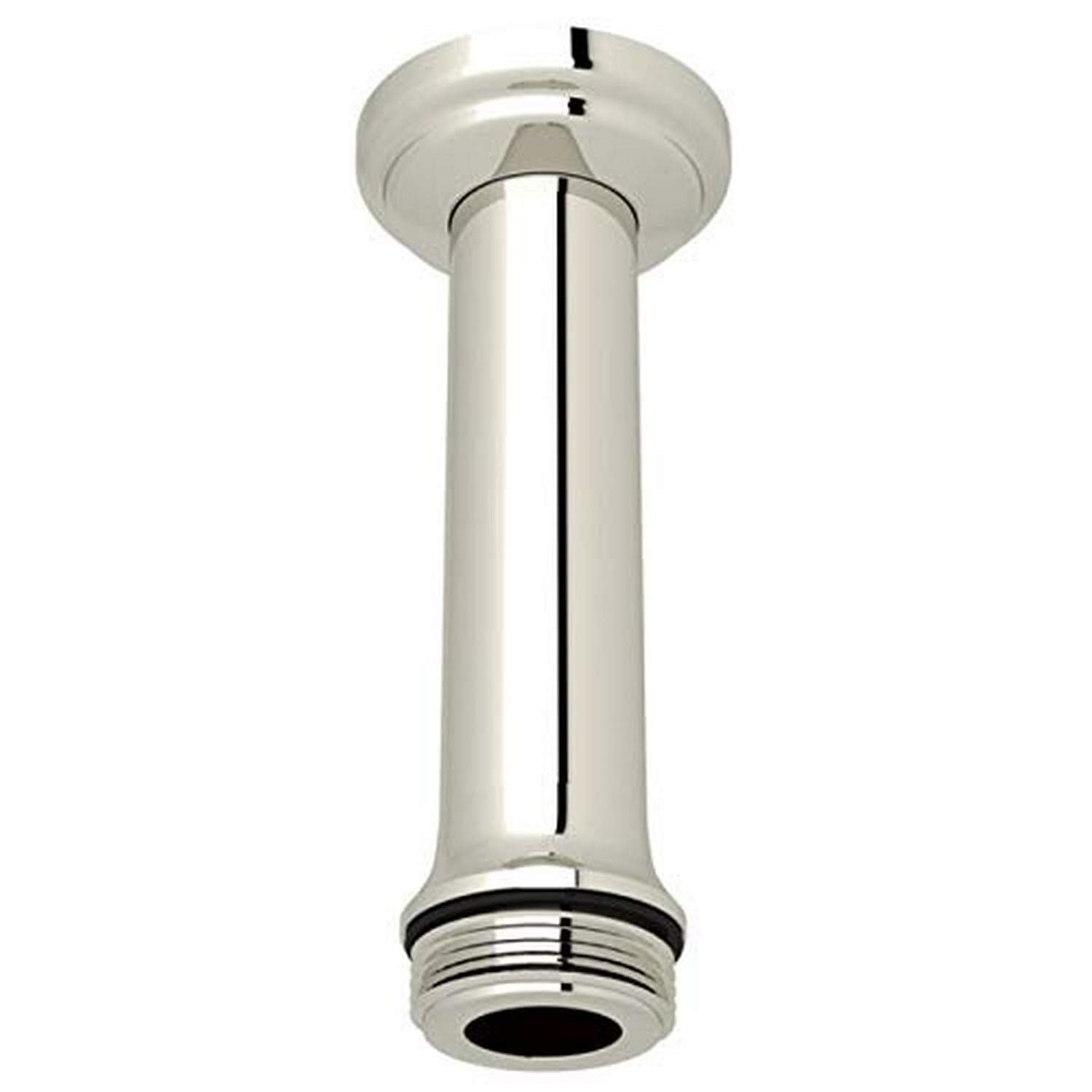 Polished nickel ceiling mount shower arm with cylindrical body and threaded connector at bottom.