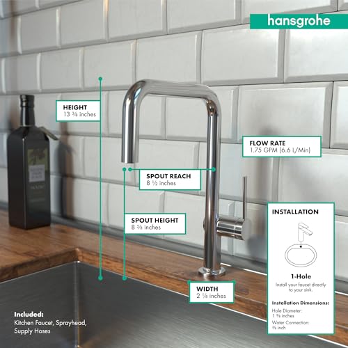 Chrome kitchen faucet with U-shaped pull-down sprayer and measurement callouts showing height, spout reach, and width specifi