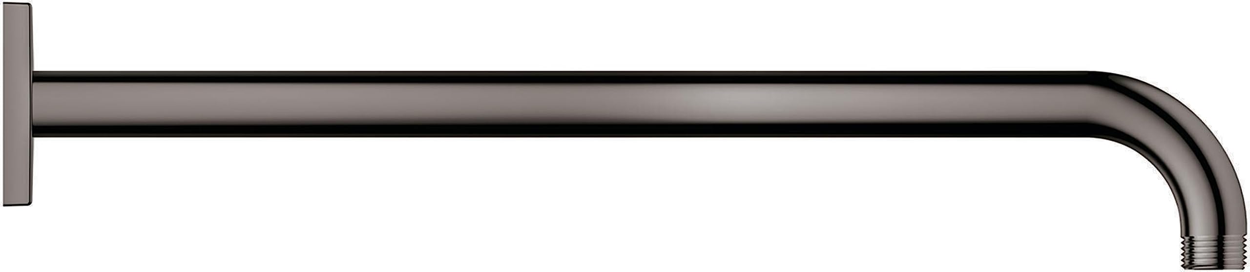 Matte black curved shower arm with wall mounting bracket and angled outlet end.