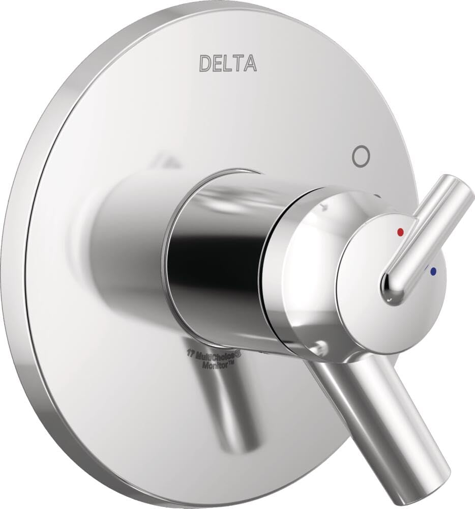 Chrome Delta valve trim with round escutcheon plate, single lever handle, and red and blue temperature indicator dots.
