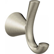 Brushed nickel wall-mount robe hook with curved hook arm and round mounting base.