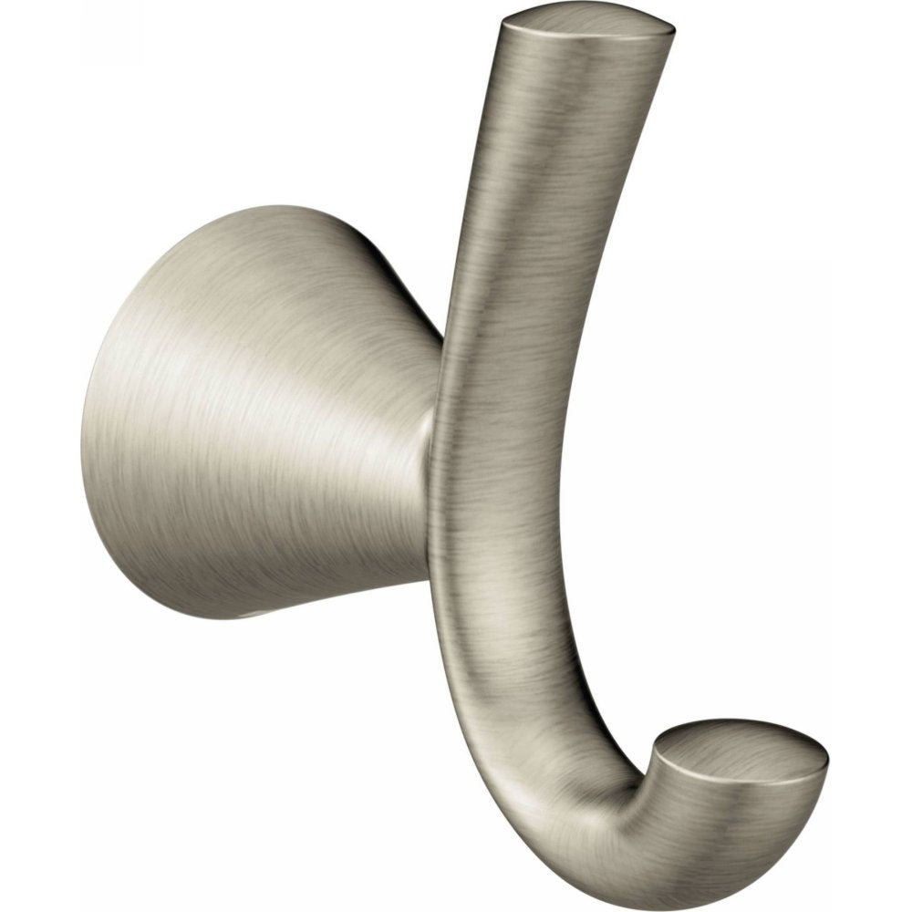 Brushed nickel wall-mount robe hook with curved hook arm and round mounting base.