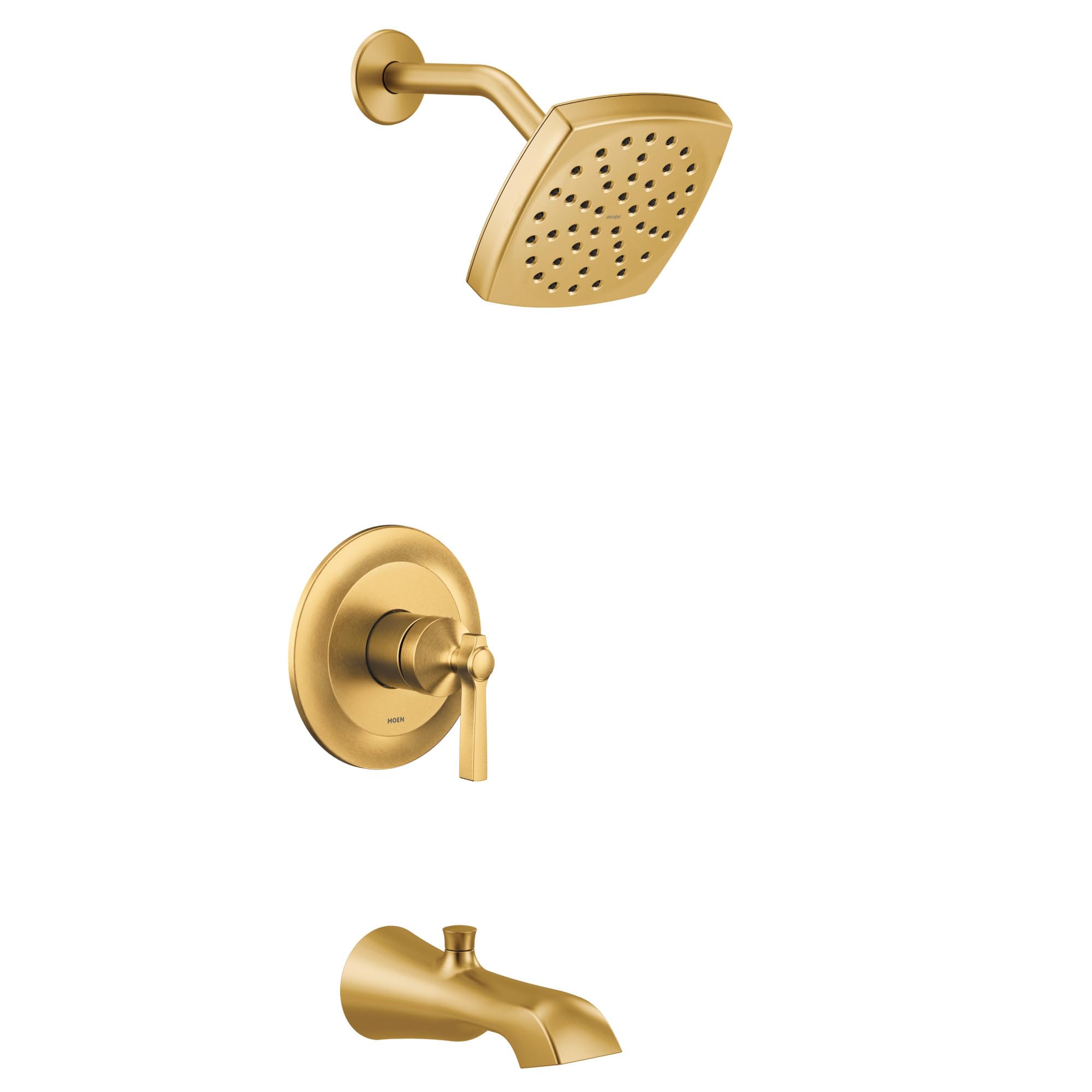 Brushed gold tub and shower trim kit with single lever handle, square showerhead, and curved tub spout.