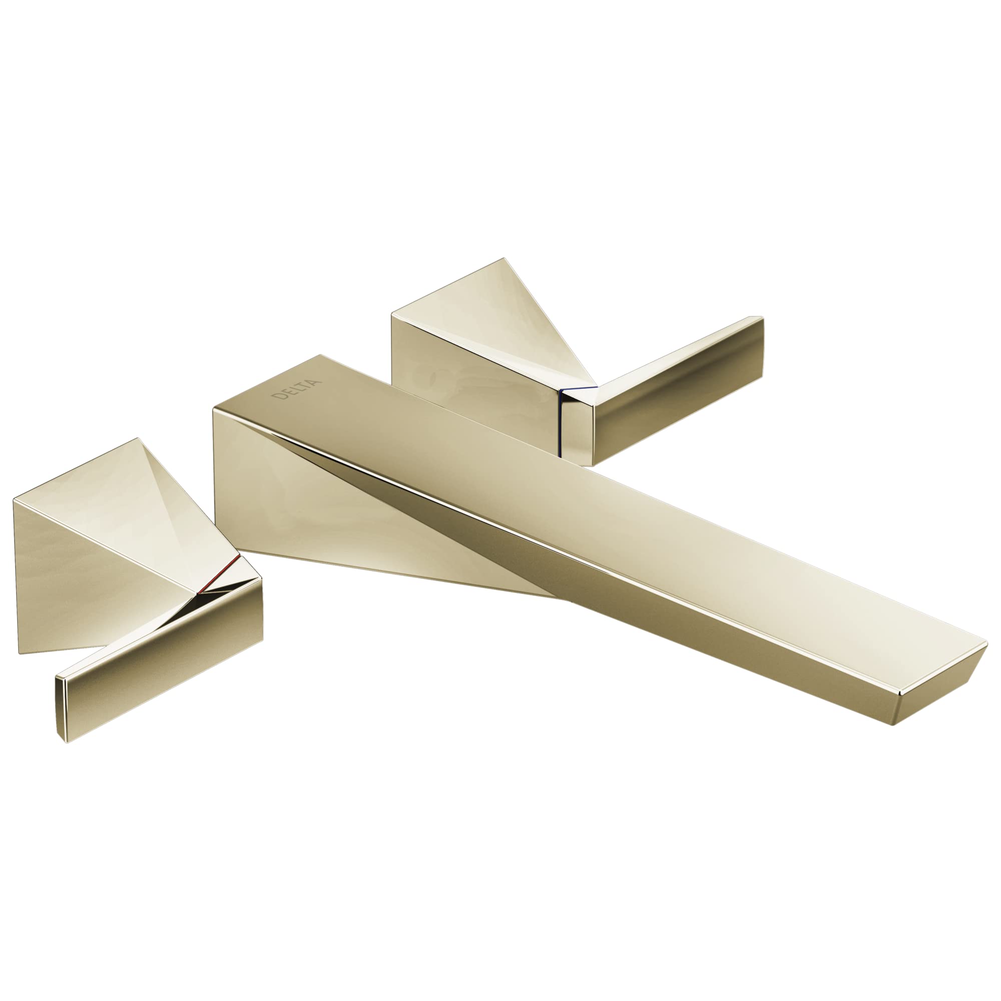 Champagne-colored wall-mount tub filler trim with triangular spout and two angled lever handles.