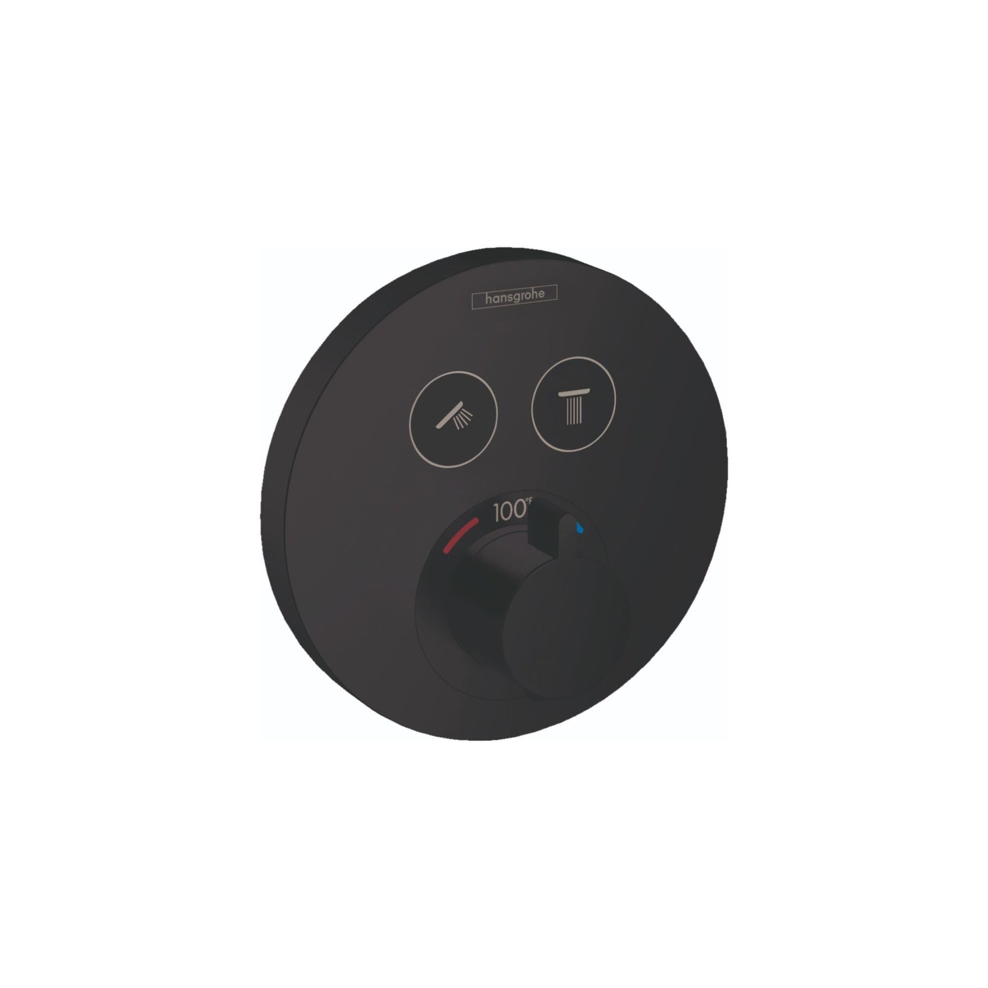 Round matte black shower valve trim with two circular function icons, central temperature dial marked 100°, and Hansgrohe bra
