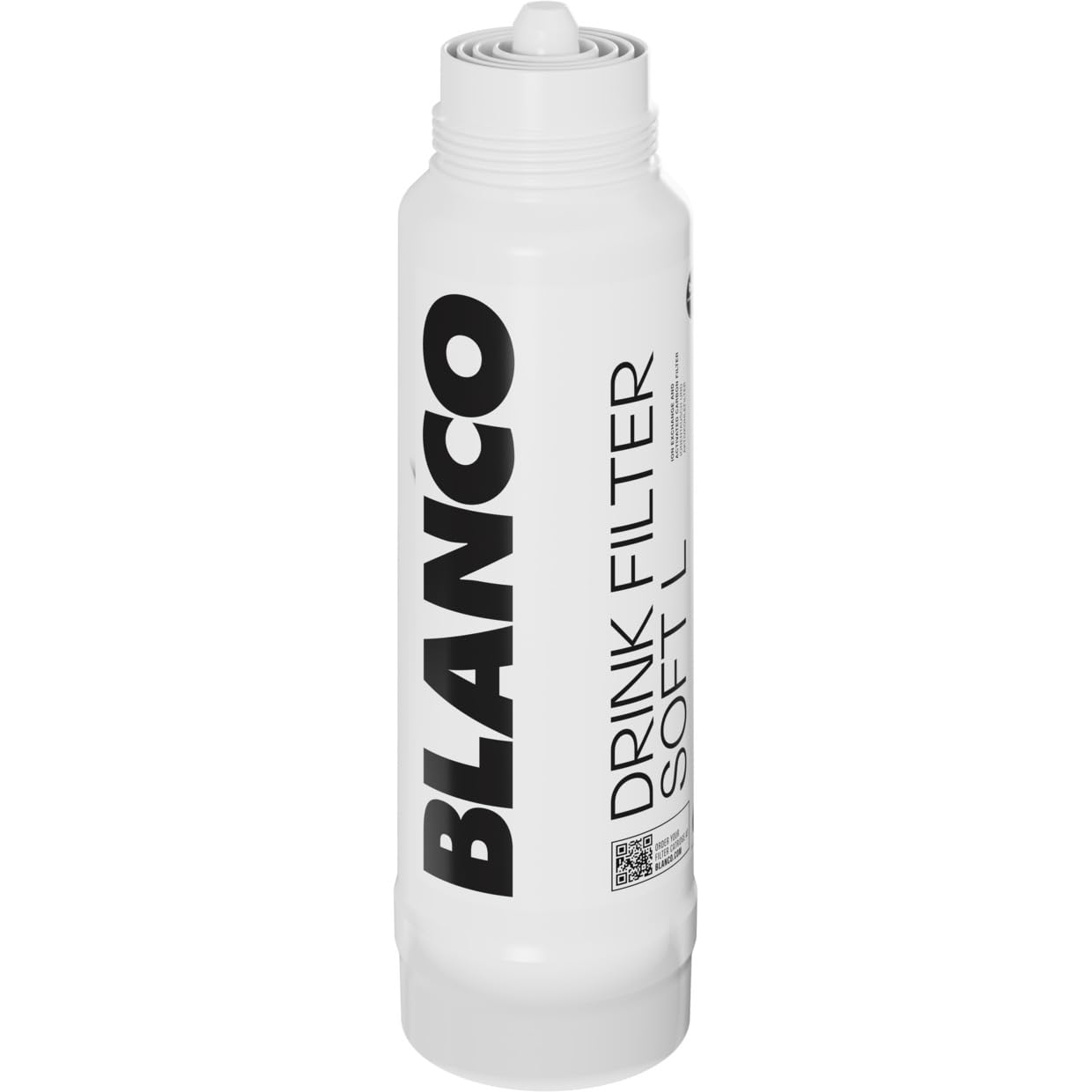 White cylindrical Blanco Drink Soft filter cartridge with threaded top cap and black text labeling.