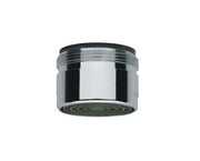 Chrome flow control aerator with threaded top and circular spray pattern holes on base.